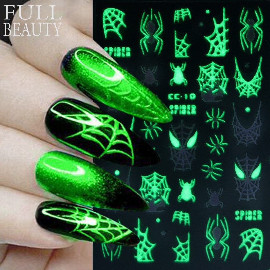 4Pcs Glow in The Dark Halloween Glitter Nail Decals Ghost Spider Web Skull NH30