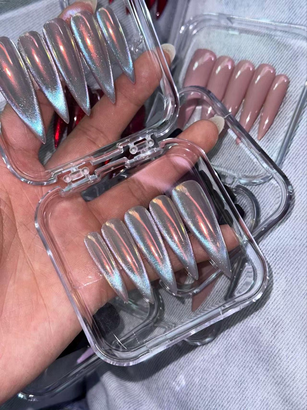 Custom Handmade Silver Holographic Chrome Long Stiletto Press on Nails