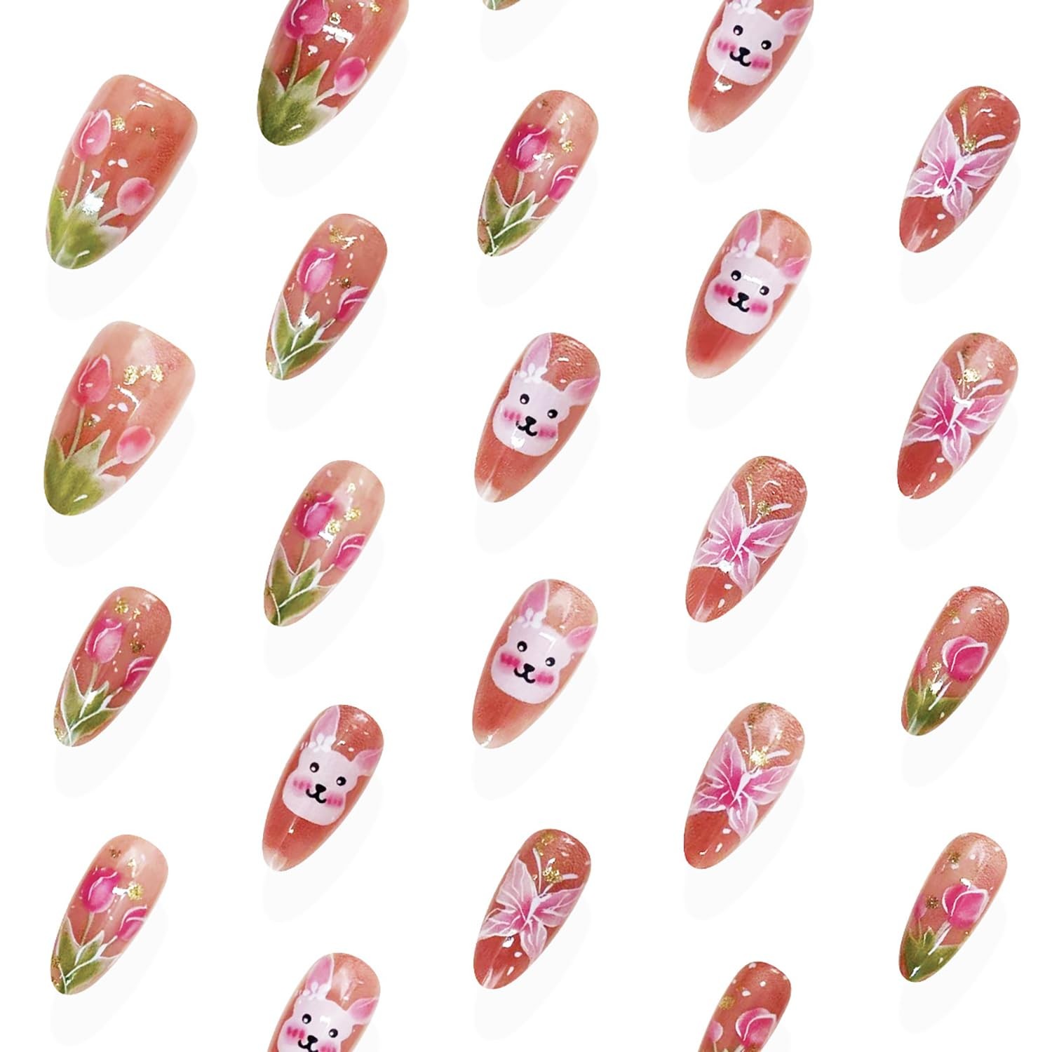 24Pcs Easter Bunny Press on Nails Almond Medium Fake Nails Flower Butterfly P…