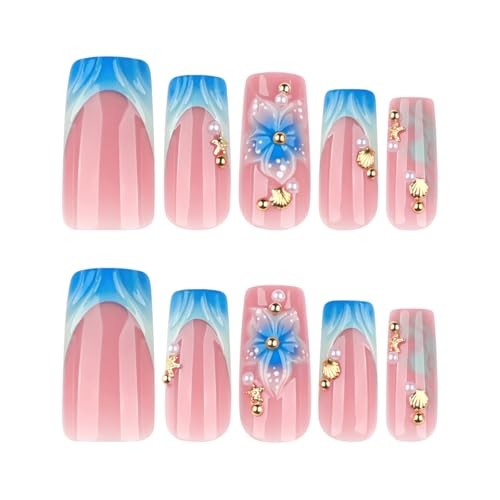 24 Pcs Blue French Tip Press on Nails Long Square Flower Press on Nails-4