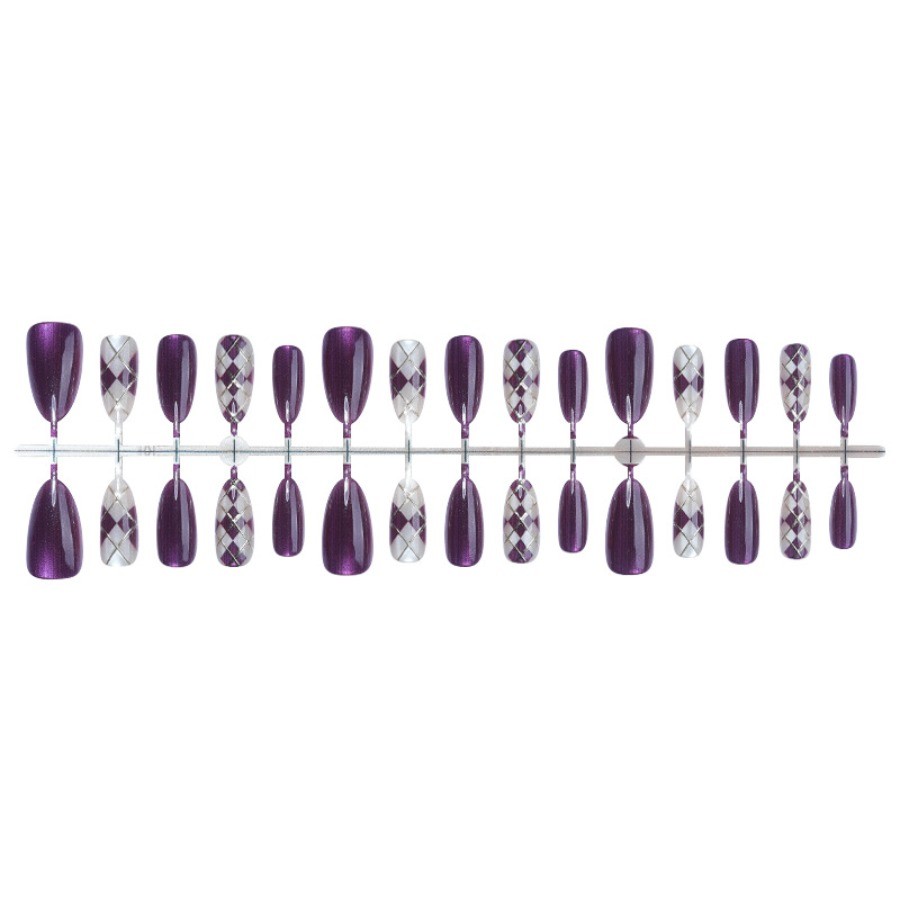 60pcs-Cat Eye Press on Nails Purple Almond Plaid Gold Lined Ornament Accents