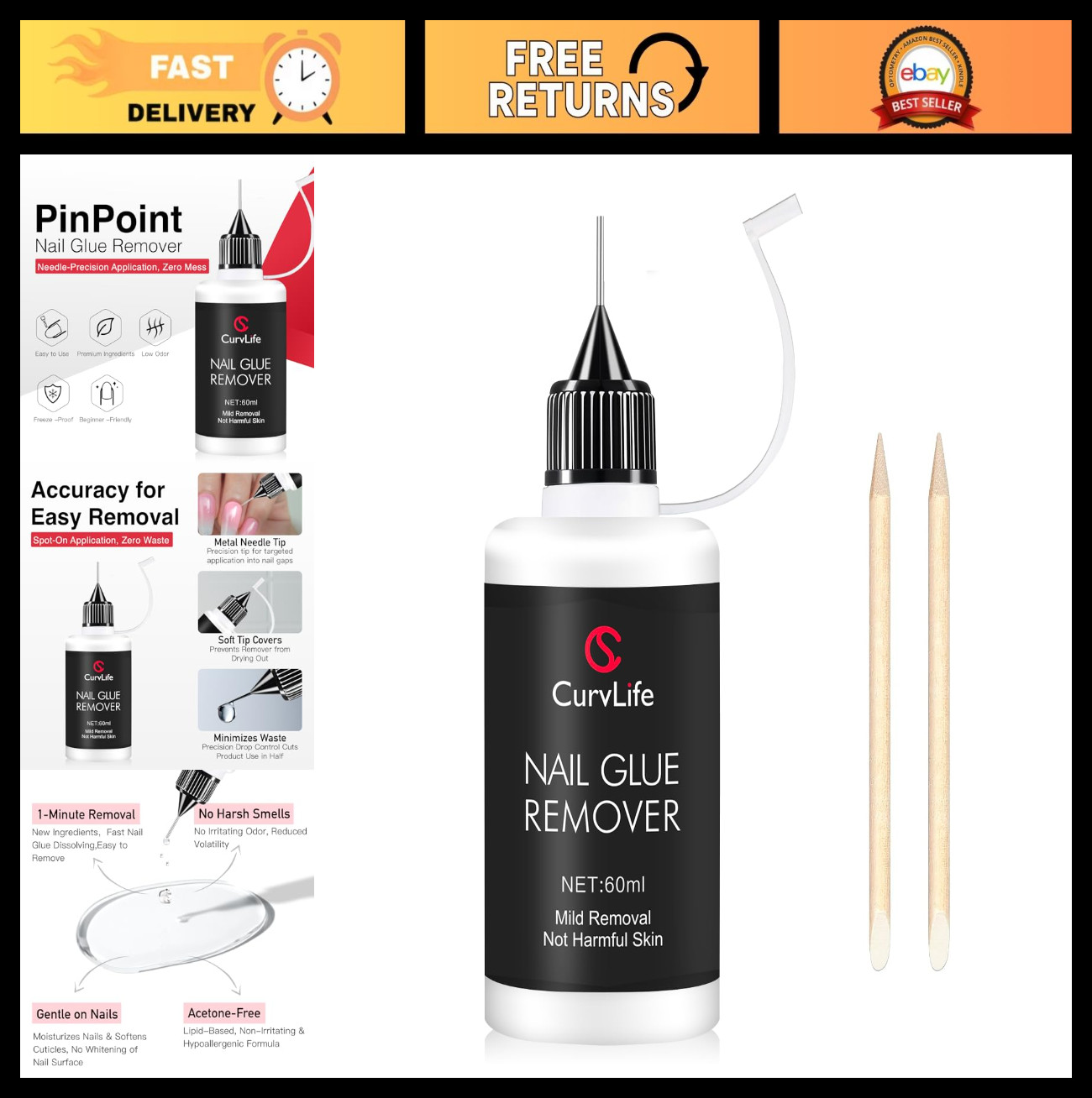 Gentle Nail Glue Remover 60ml for Press-On & Gel Nails, Non-Acetone Formula
