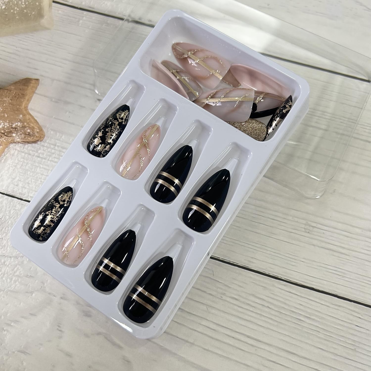 Black French Tip Press on Nails Almond Medium Artificial Acrylic Fake Nails w…