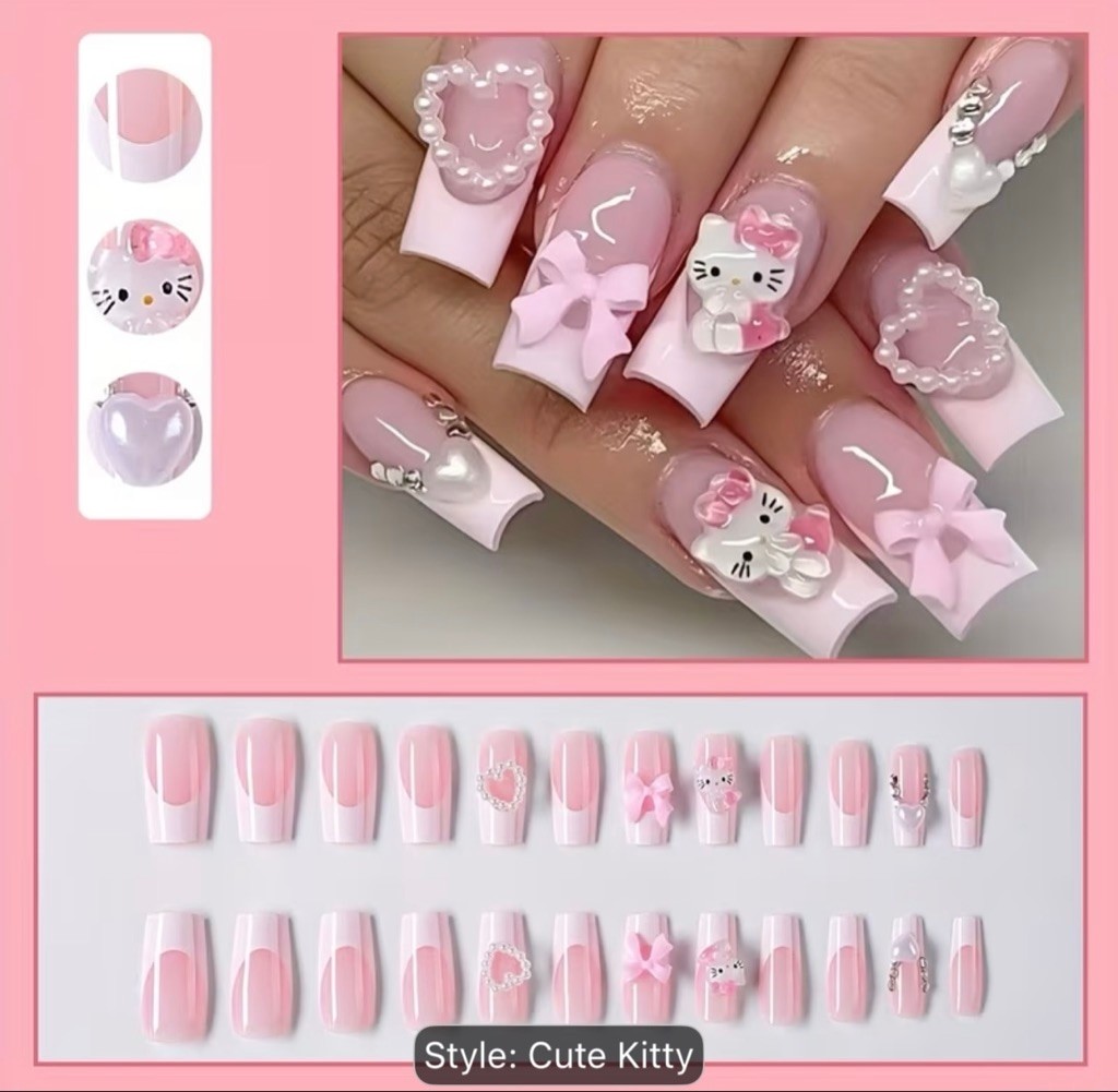 Hello Kitty 24pcs Press-On Nails Kit Hearts, Bows, Rhinestones – Brand New