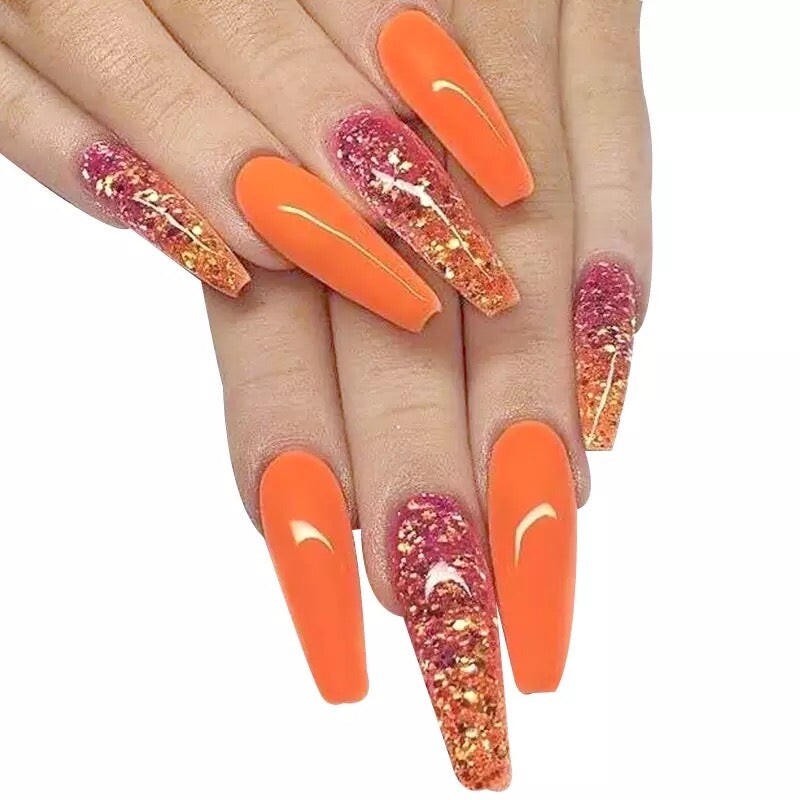 Orange Sparkle Extra Long Fake Nails Pink Gel Press On Nails Set Cute