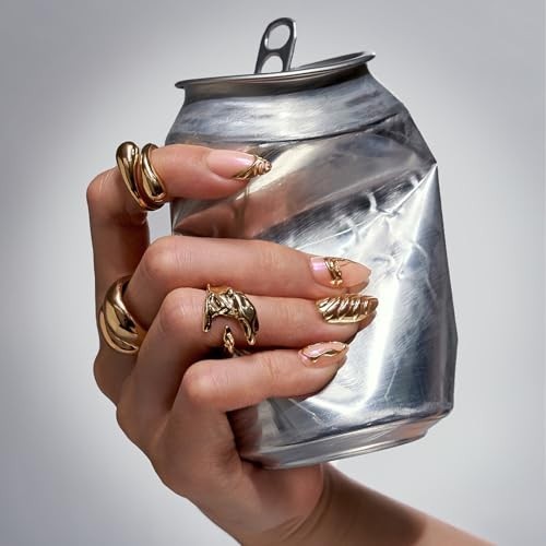 3D Gold Sculpting Almond Press On Nails – Short Opaque Gel Kit, 32 Pieces, 16 Si