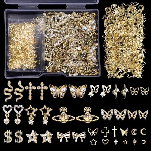 320 Pcs 3D Gold Nail Charms, Cross Snake Star Heart Dangle Nail Gems color-S1