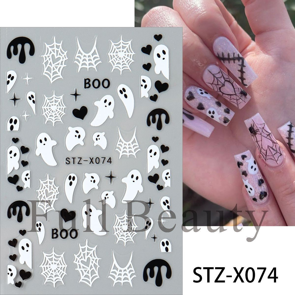 Halloween Nail Art Stickers Black White Spider Web Blood Star French Decals NH30
