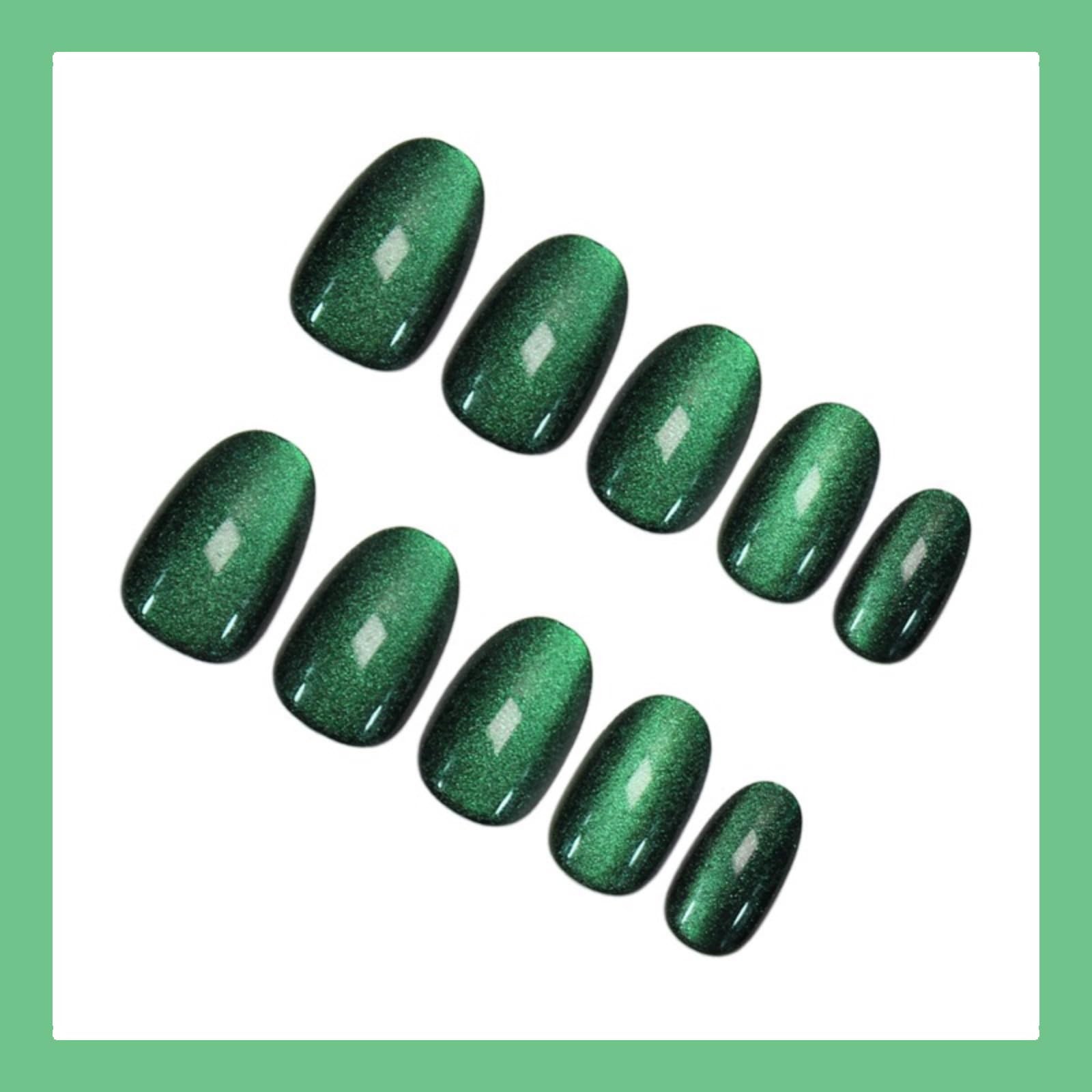 Haute Press On Nails – Dark Green Cat Eye Velvet Nails | Magnetic Shimmer Sho…