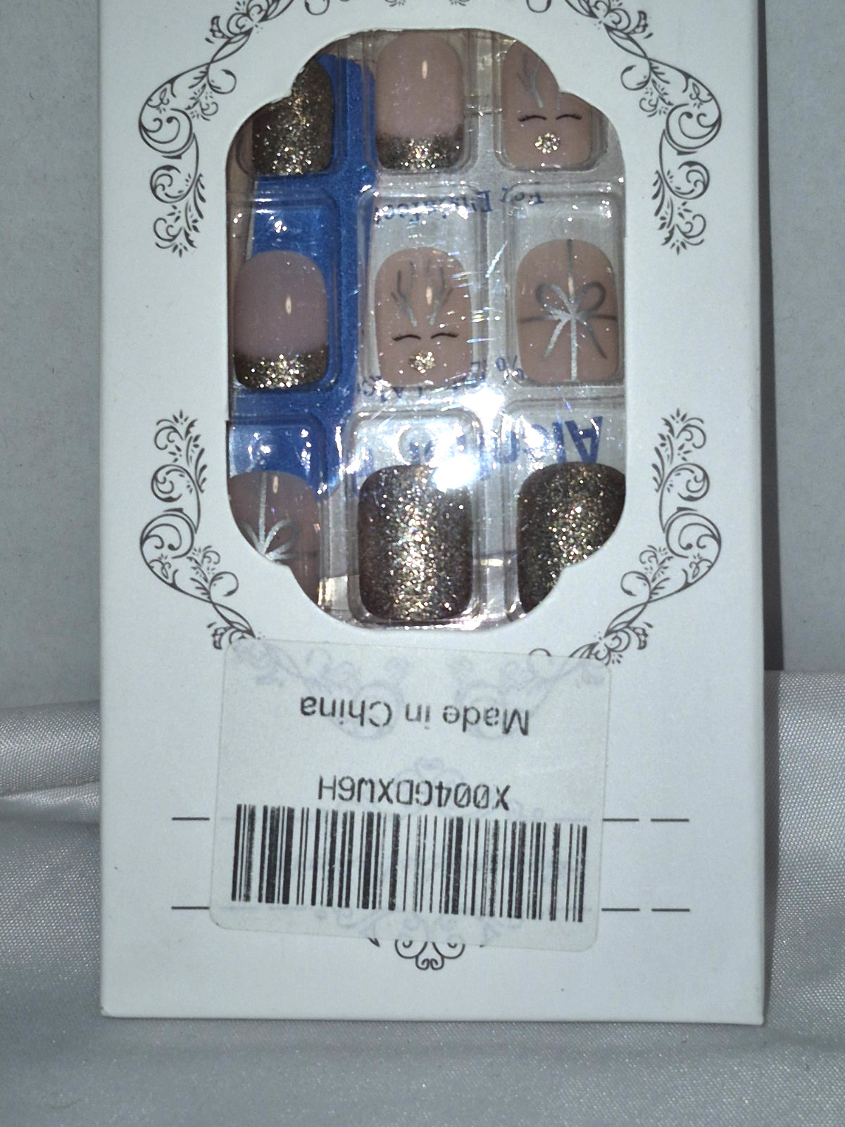 (1) 24ct Press On Nails, Pink Gold Xmas Short Square French Tip NEW in BOX