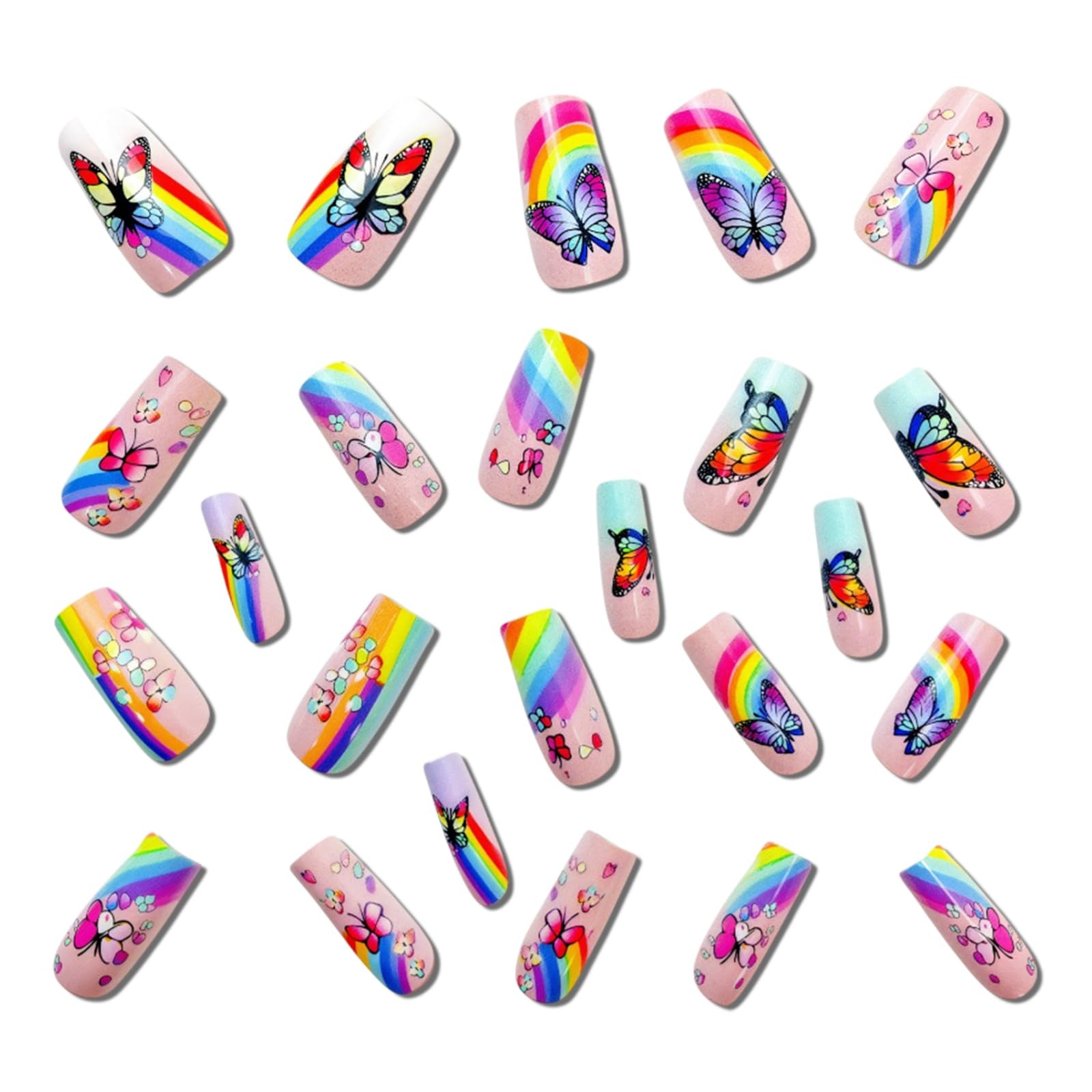 Rainbow Butterfly Press on Nails Medium Square Fake Nails Pink Smudge Design …