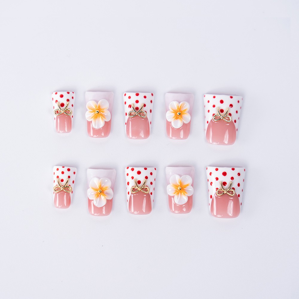 10pcs Handmade Nails, Yellow White Ombre w/ 3D Flowers, Red Polka Dot, Chic