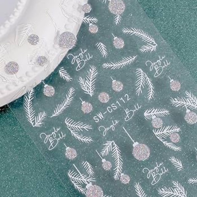 Nail Art Stickers SILVER & WHITE GLITTER BAUBLES & DECORATIONS SW-CS112