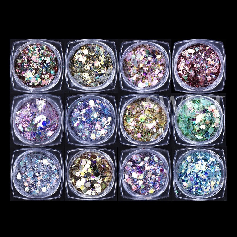 6PCS Chrome Mirror Nail Powder Set Gold Silver Holographic Aurora Pigment