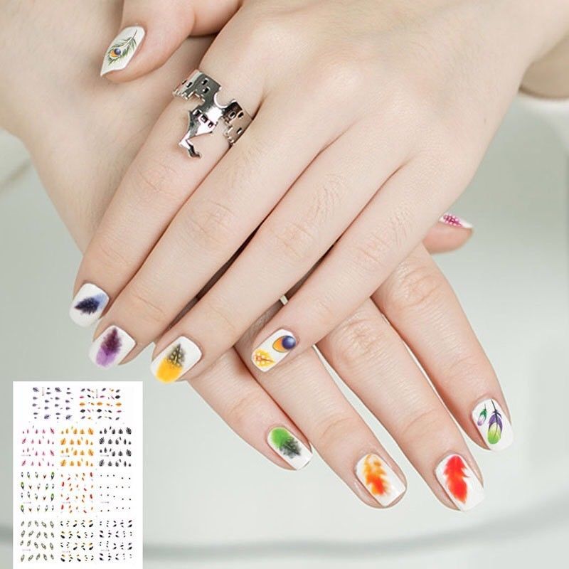 Nail Art Water Transfer Sticker Colorful Feather Decal Manicure