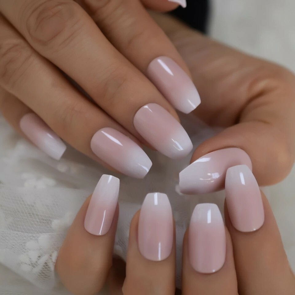 24 French Ombre Press On Nails pink nude White tip medium glue classic boomer