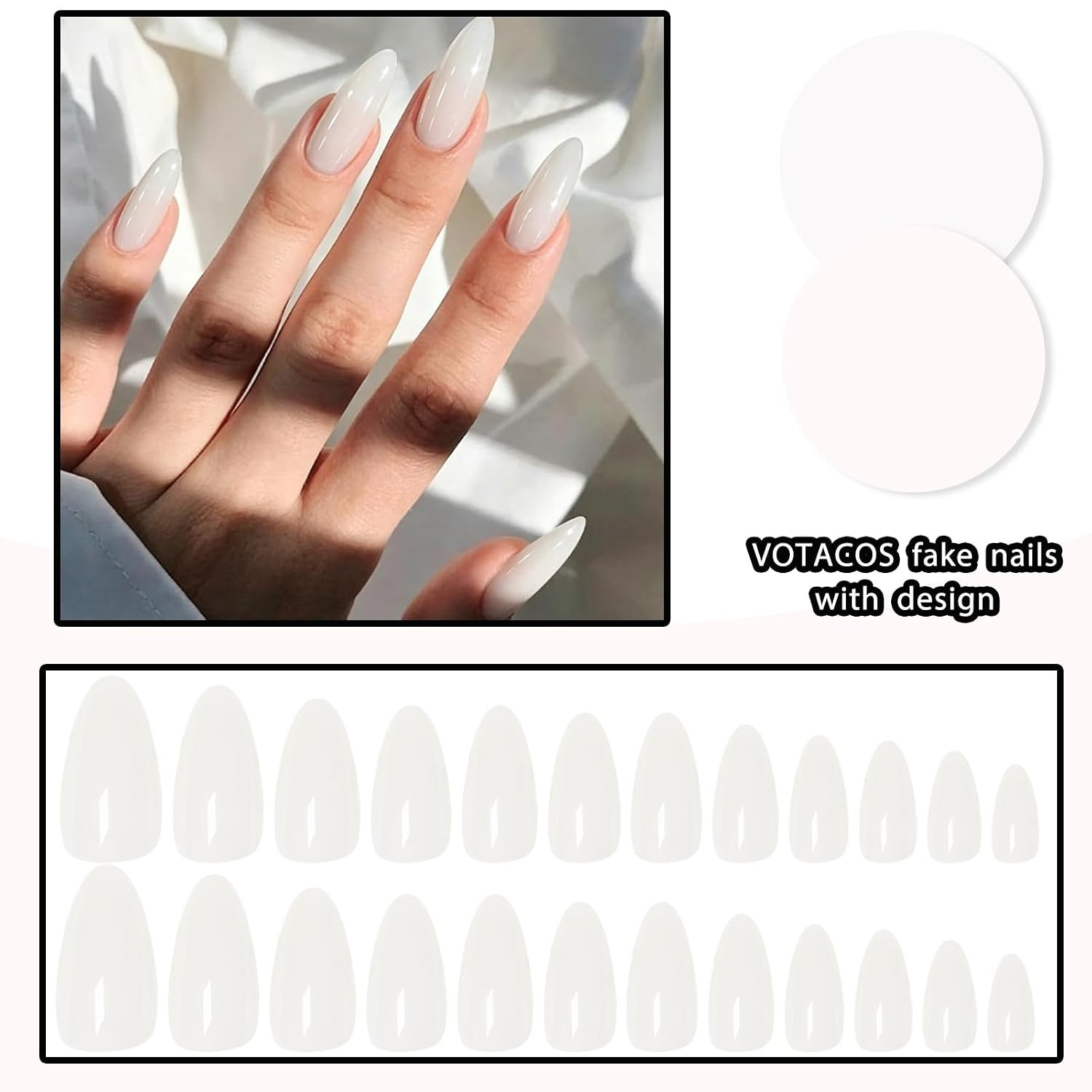 Milky White Almond Press on Nails Medium Fake Nails for Women | Glossy, Acrylic