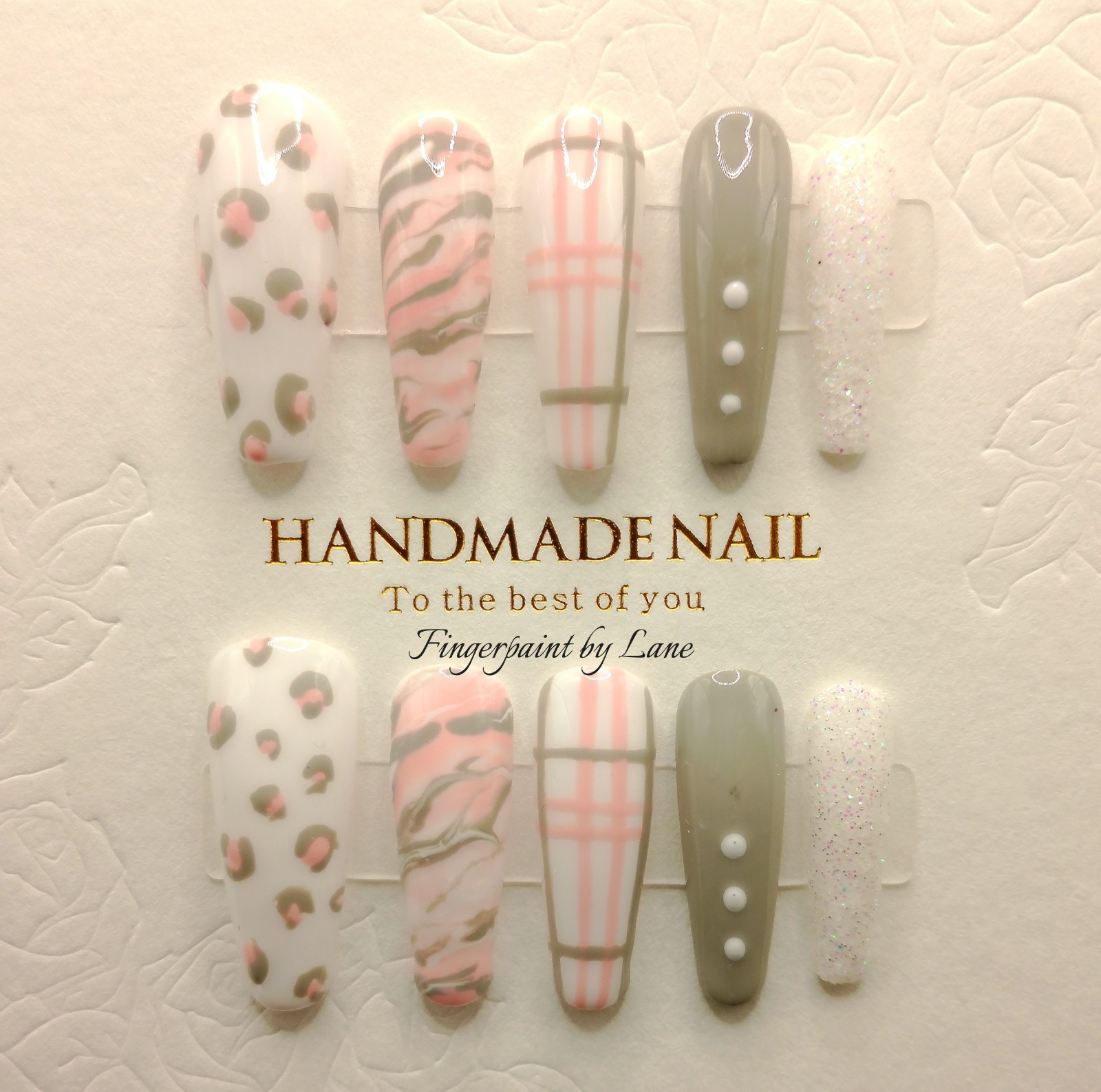 Peachy-Pink , White and Gray Long Coffin Gel Press-on Nails, Medium Size