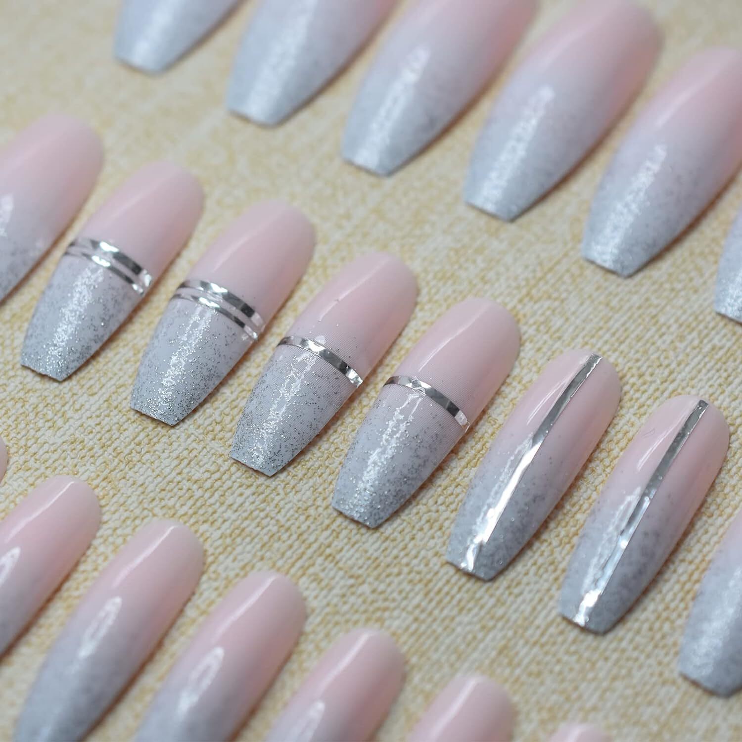 Pink Ombre French Tip Square Coffin Extra Long Fake Acrylic False Press On Nails