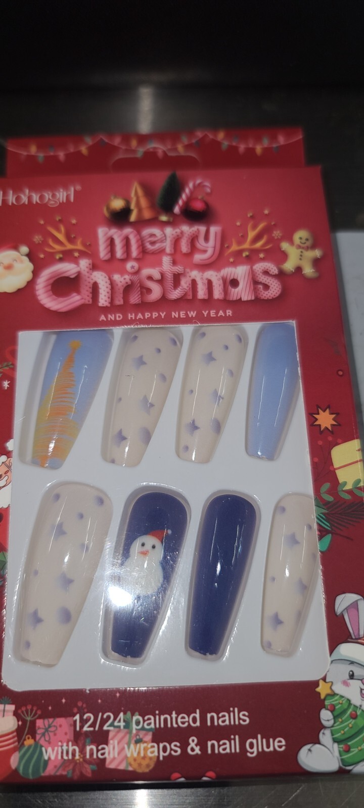 Christmas Press on Nails Medium Coffin Fake Nails with Christmas Tree Design Gli