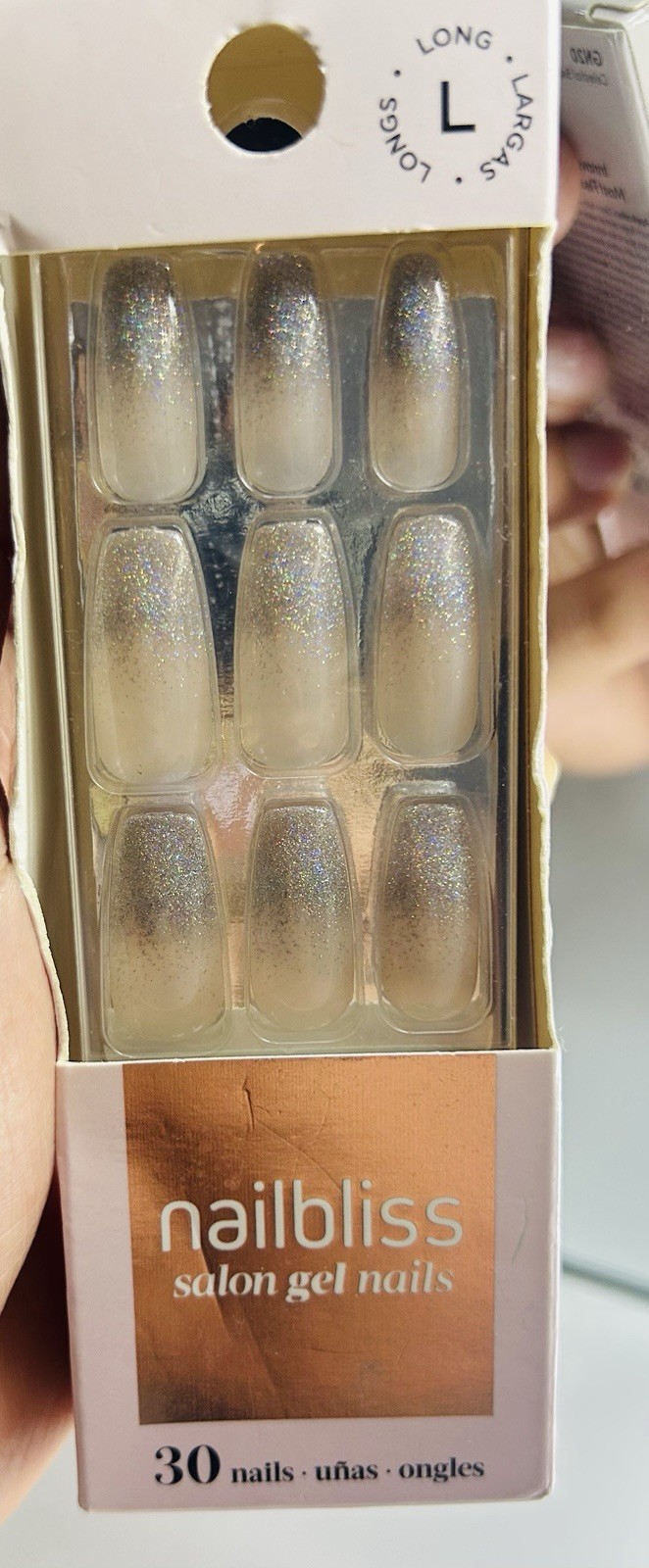 nailbliss Press-On Nails Long Square Silver Beige Ombre Glitter 30 GN20