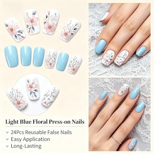 Pink Flowers Press on Nails – Short Square Spring Floral Fake Nails – Flowers 01