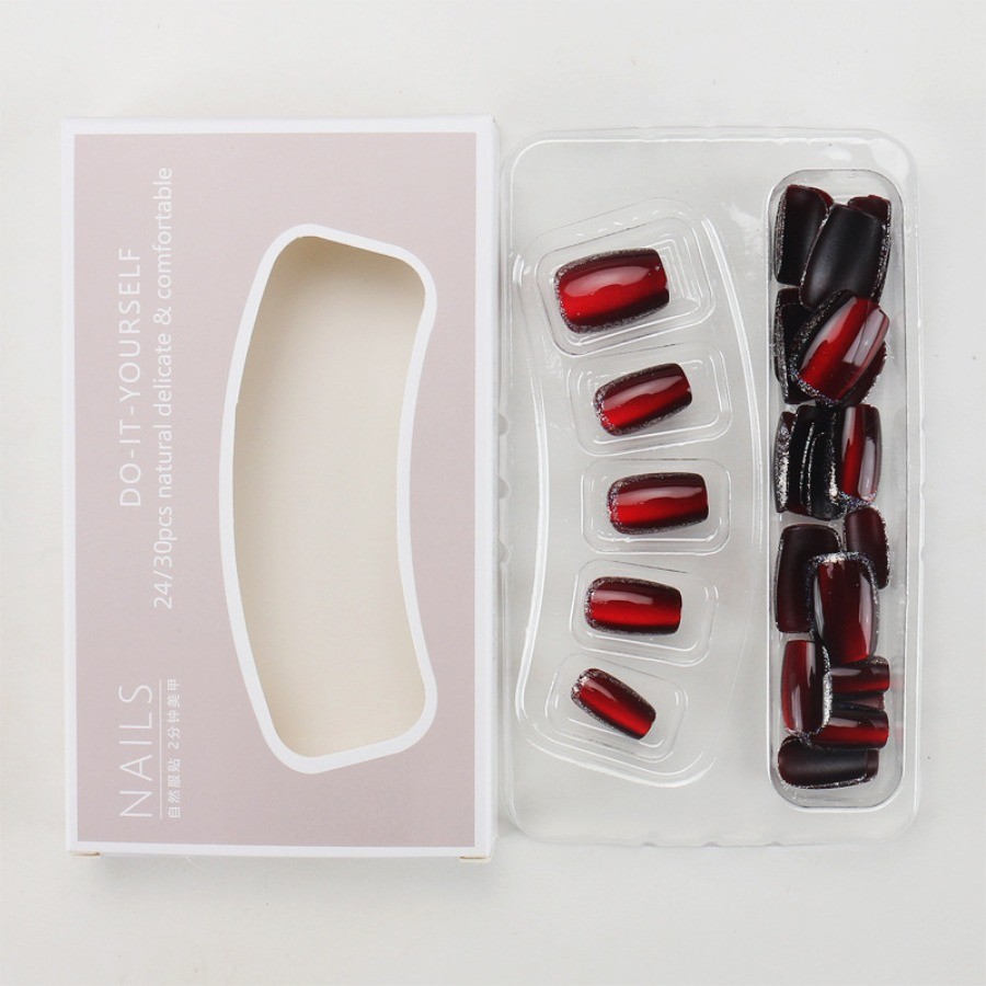 60pcs-Press on Nails Wine Red Short Square Cat Eye Rhinestone Border Details