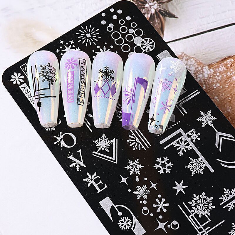 Snow Christmas Metal Nail Stamping Plates French Tip Love Lines Stars Tree Decal