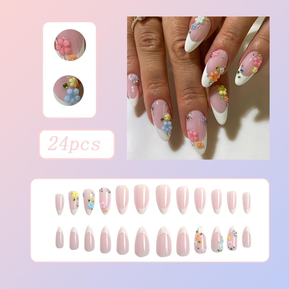 Medium Almond Press on Nails – White French Tip, Acrylic Fake Nails with 3D Flow