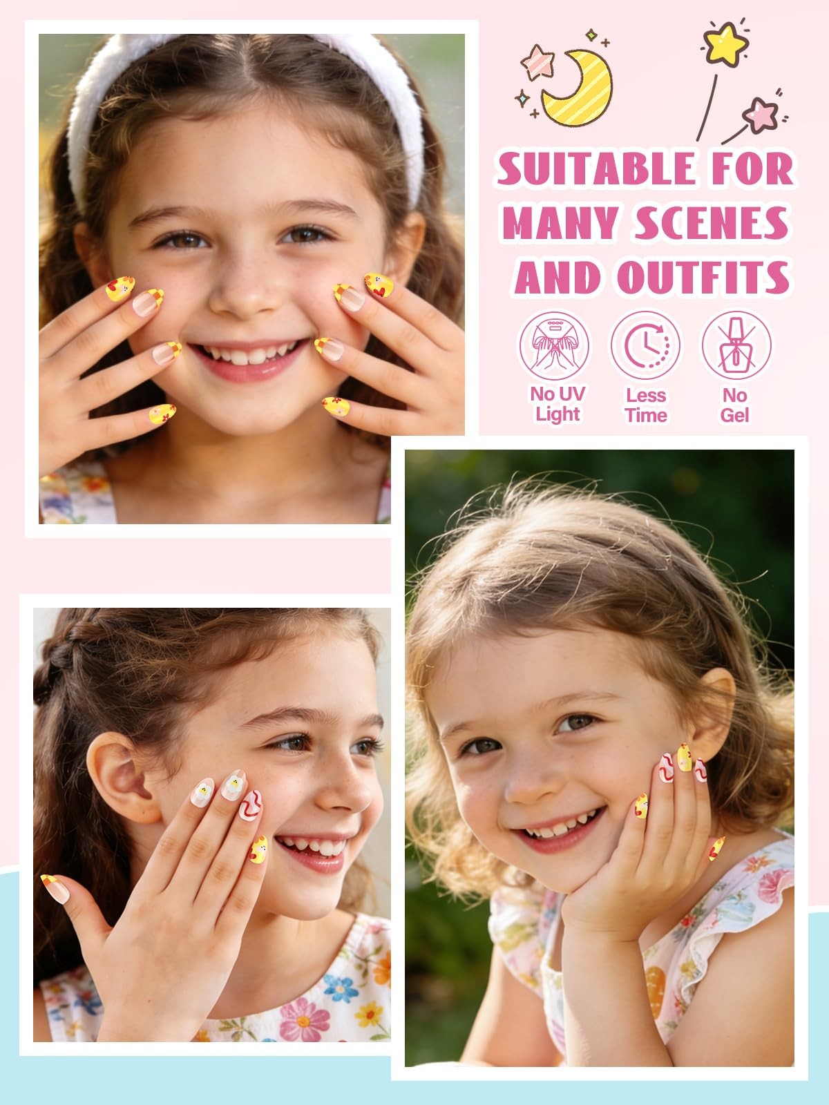 EBANKU 32 Pieces Kids Stick On Nails Girls, Fake Set Self Adhesive C/1P