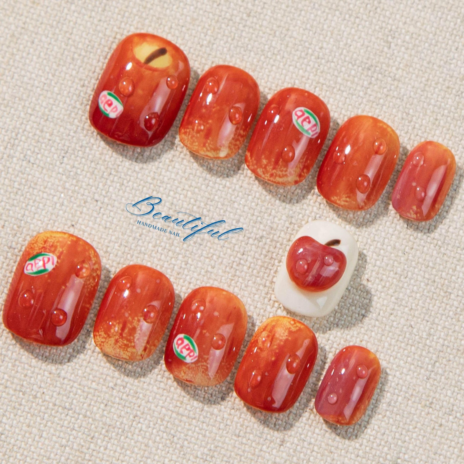 Custom Handmade 3D Red Apple Water Drop Label Short Square Press on Nails