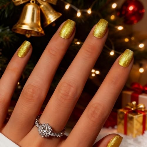 Cat Eye Press On Nails Short, 30 Pcs Glitter Gold Press On Nails yellow