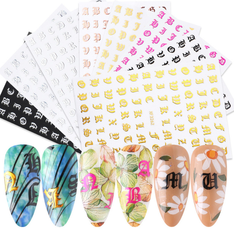 English Letter Number Nail Art Sticker Laser Gold Art Latin Roman Decal NS19