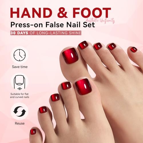 Dark Red Cat Eye Press on Nails Toenails Set, 30Pcs Short Almond Wine Burgundy
