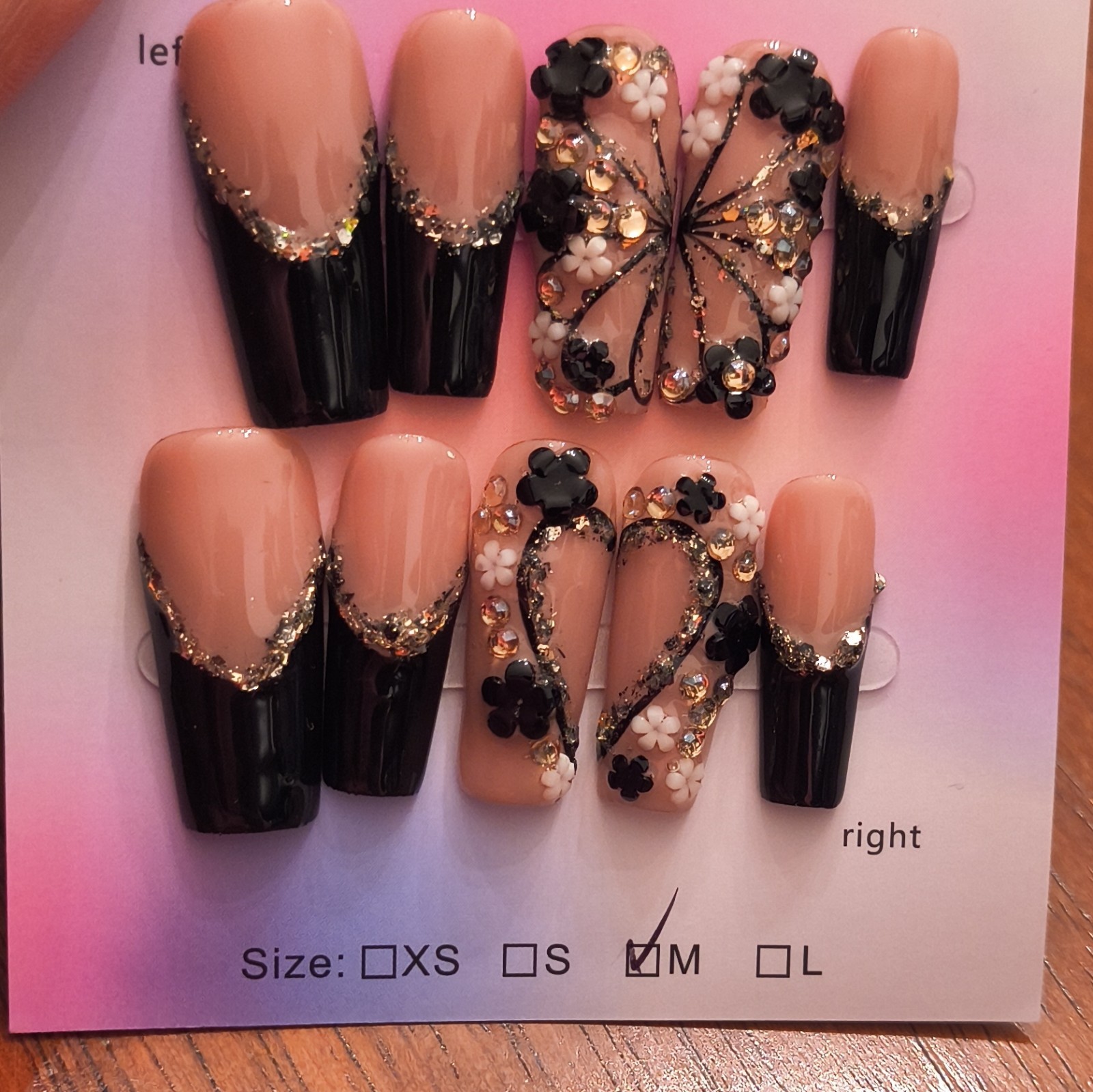 Press-On Nails Long Coffin Full Cover Black Nude Gold Glitter 3D Flowers Medium