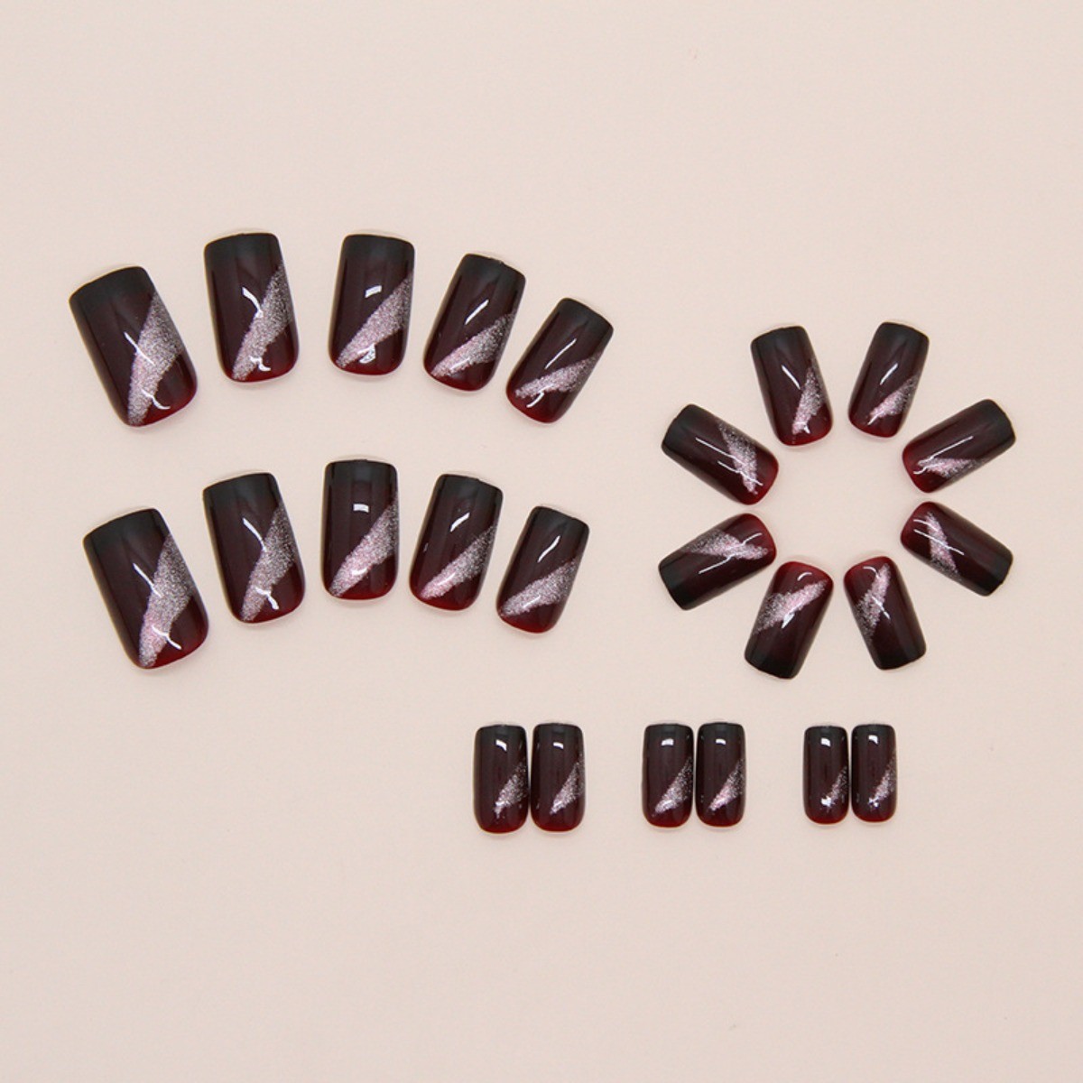 48pcs Short Square Press on Nails, Wine Red Cat Eye Solid High End Gloss Nails