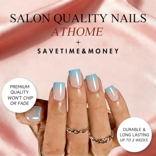 Ombre Press on Nails – Short Square – Glazed Gradient Teal Blue – Square – Ombre