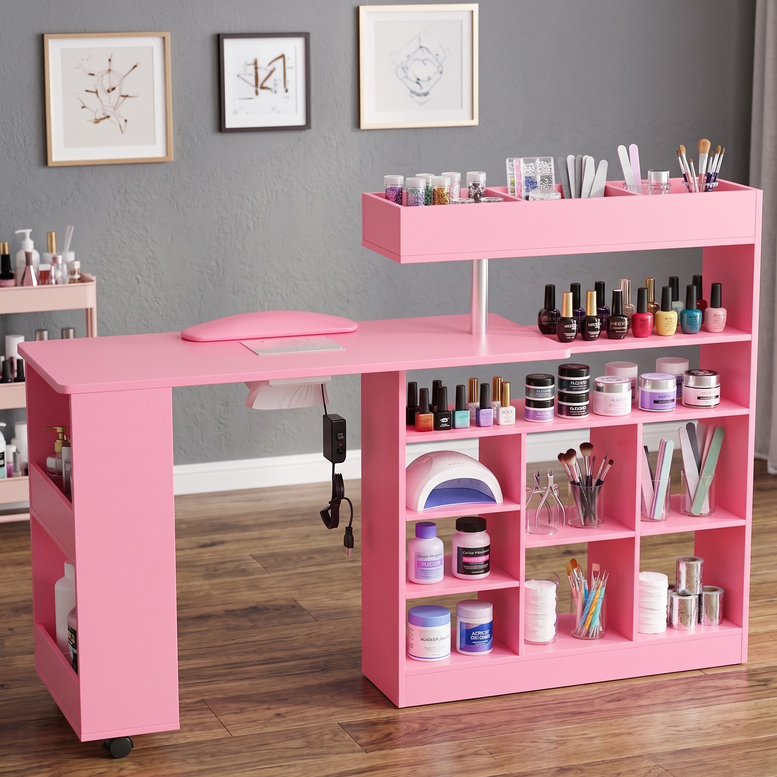 L Shaped Manicure Table with Wrist Rest & 180° Swivel Desktop and Dust Collector
