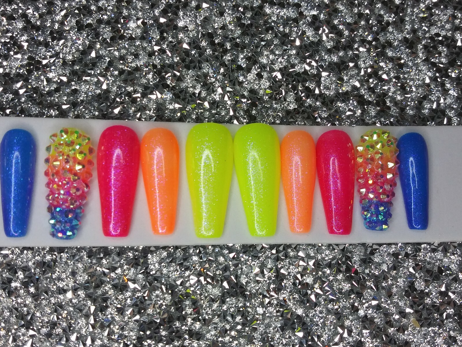 Neon Rainbow ombre bling nails w/ crystals Gel Press On nails long full set