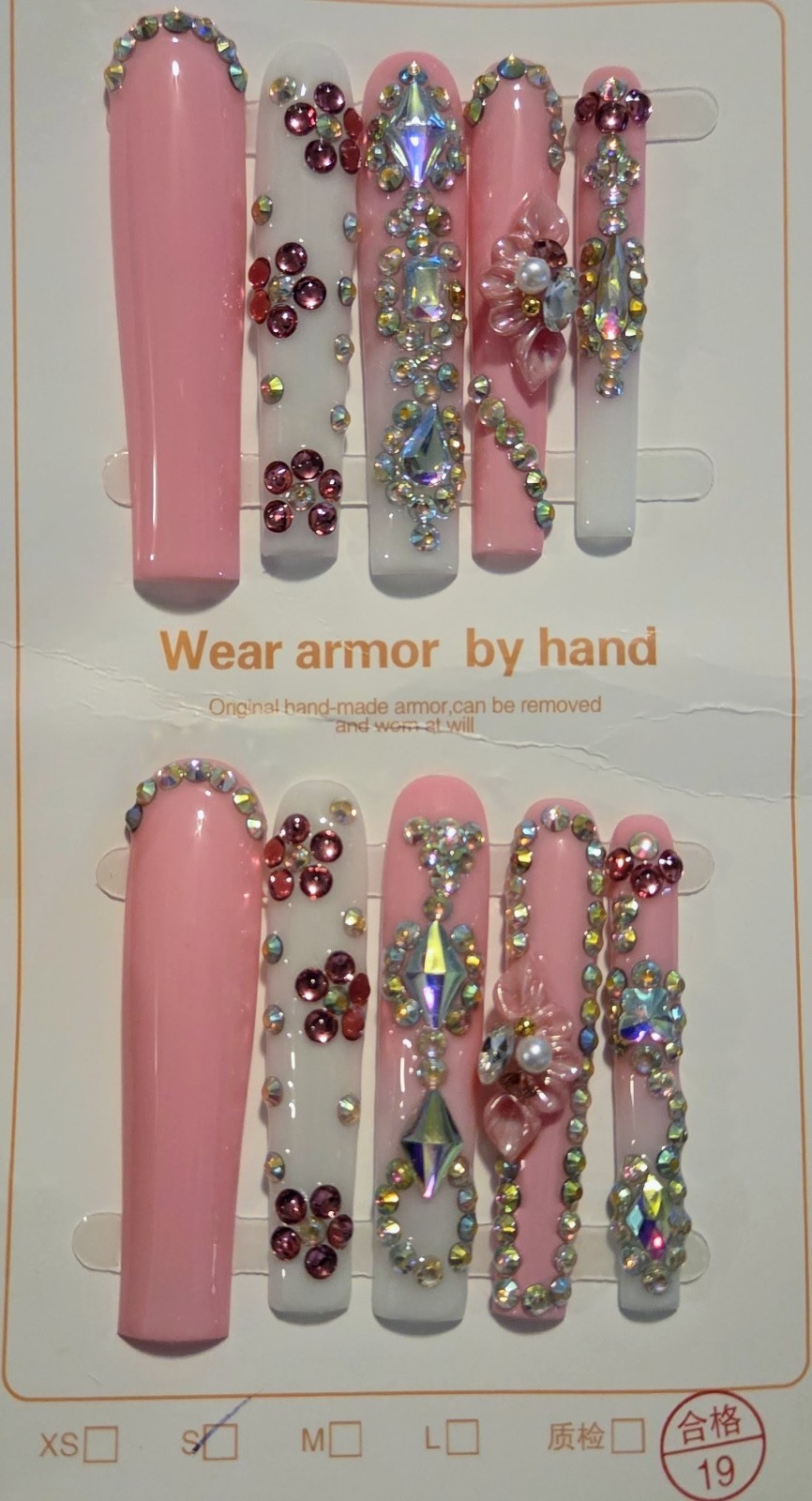 Handmade XL Coffin Press-On Nails Pink/White 3D Rhinestone Shiny Full Cover-M