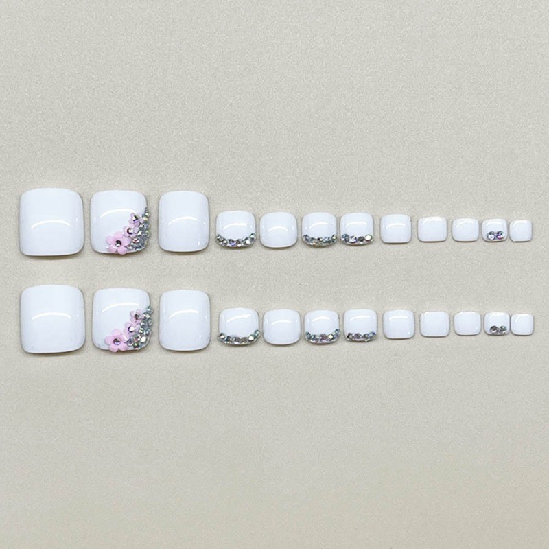 48Pcs-Lilac Solid 3D Pink Flower Rhinestone Cute Square Summer Toe Press on Nail