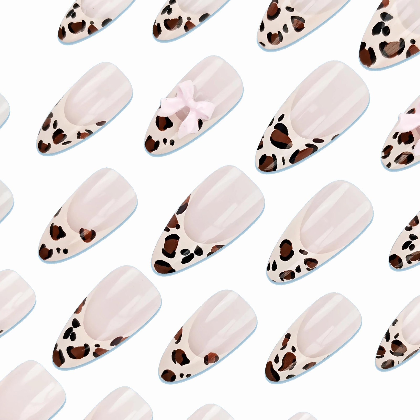 Almond Press on Nails Medium Fake Nails Leopard French Tip Glue ons Pink Bow …