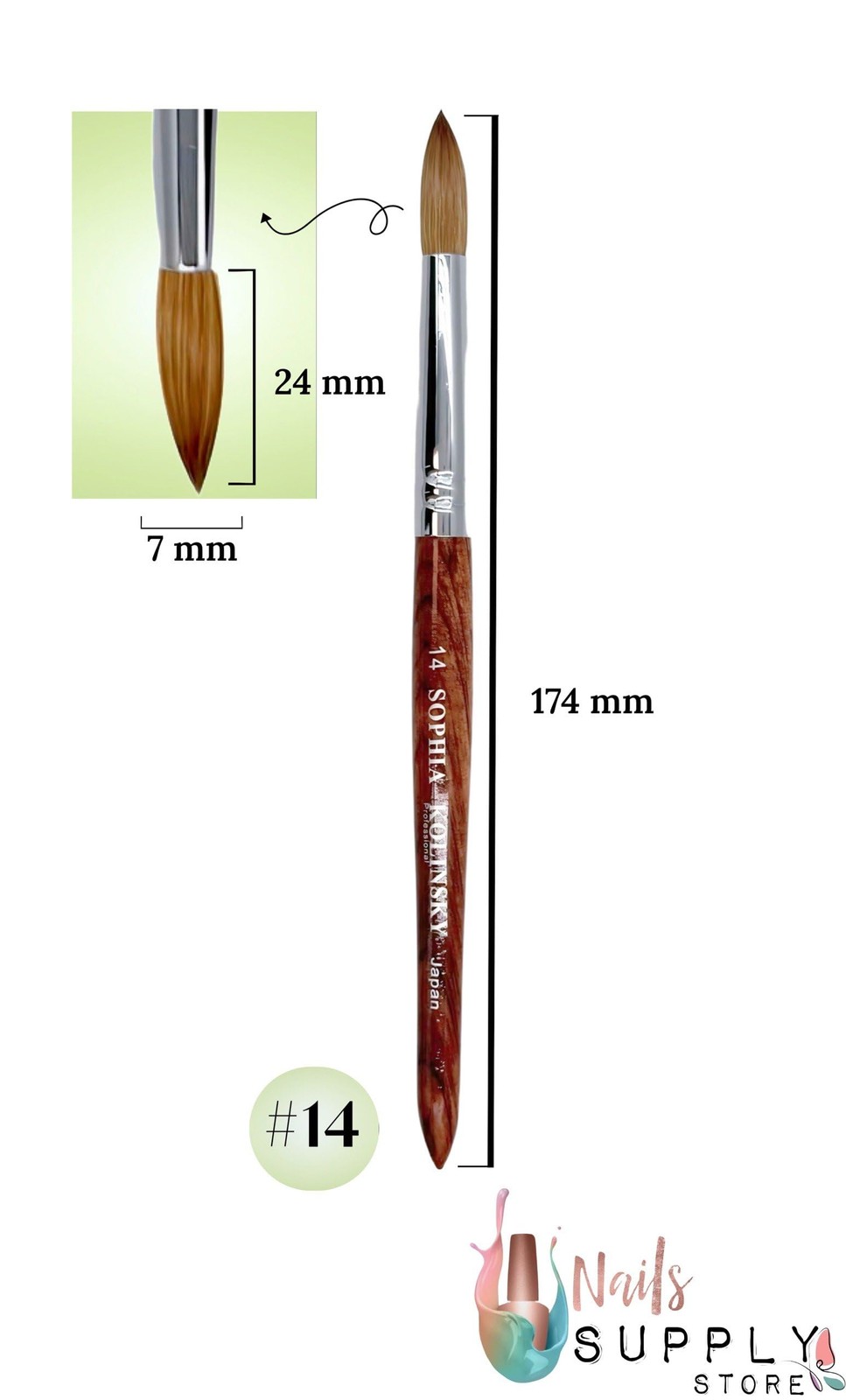 Sophia kolinsky Acrylic Nail Brush Pure Kolinsky Hair Round Shape Redwood handle
