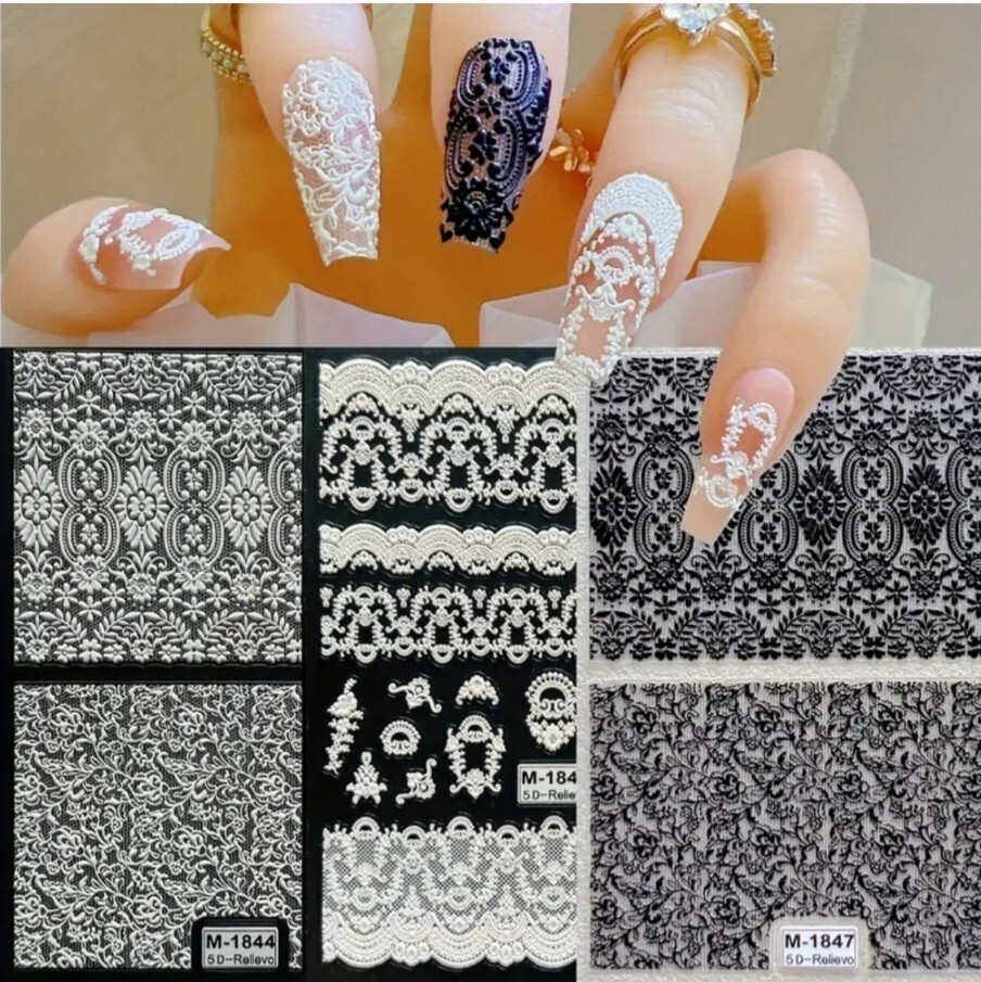 NWT 》3 SHEETS《 NAIL ART DESIGN BLACK & WHITE FAUX LACE SELF-SEAL STICKERS!
