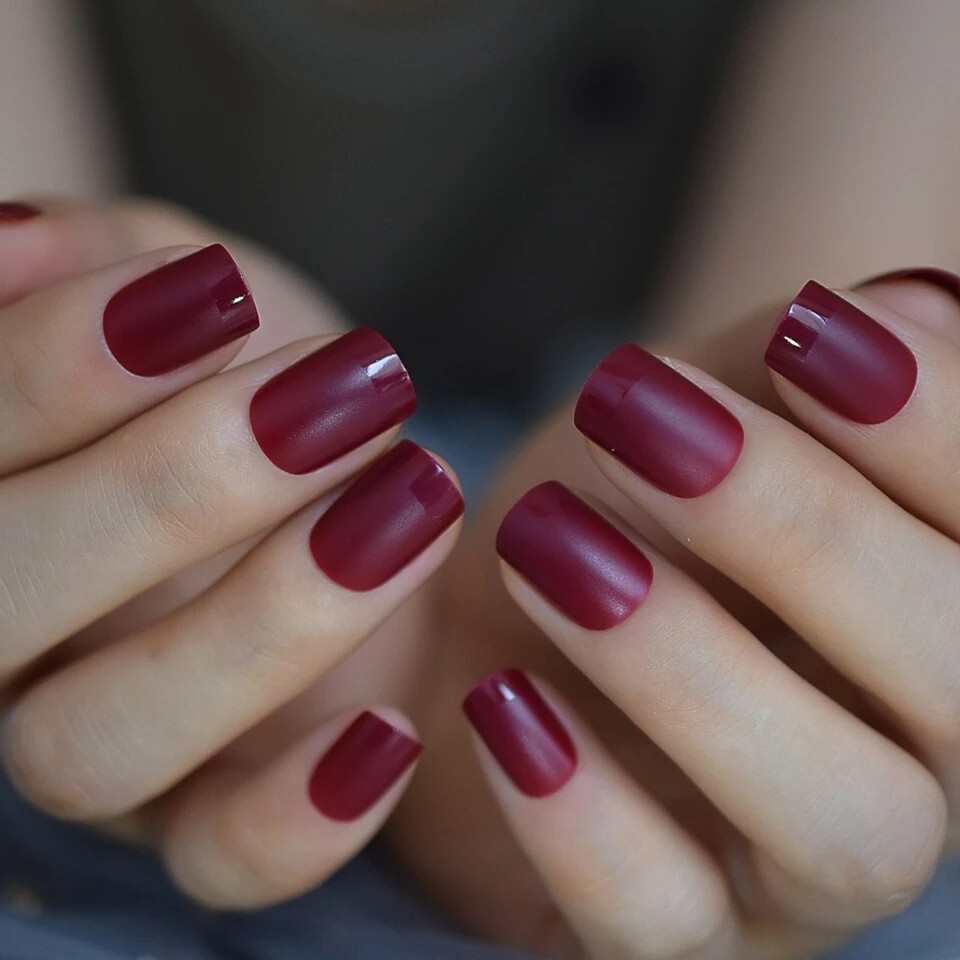 24 Short Burgundy Maroon Press On Nails kit glue on dark wine red purple berry