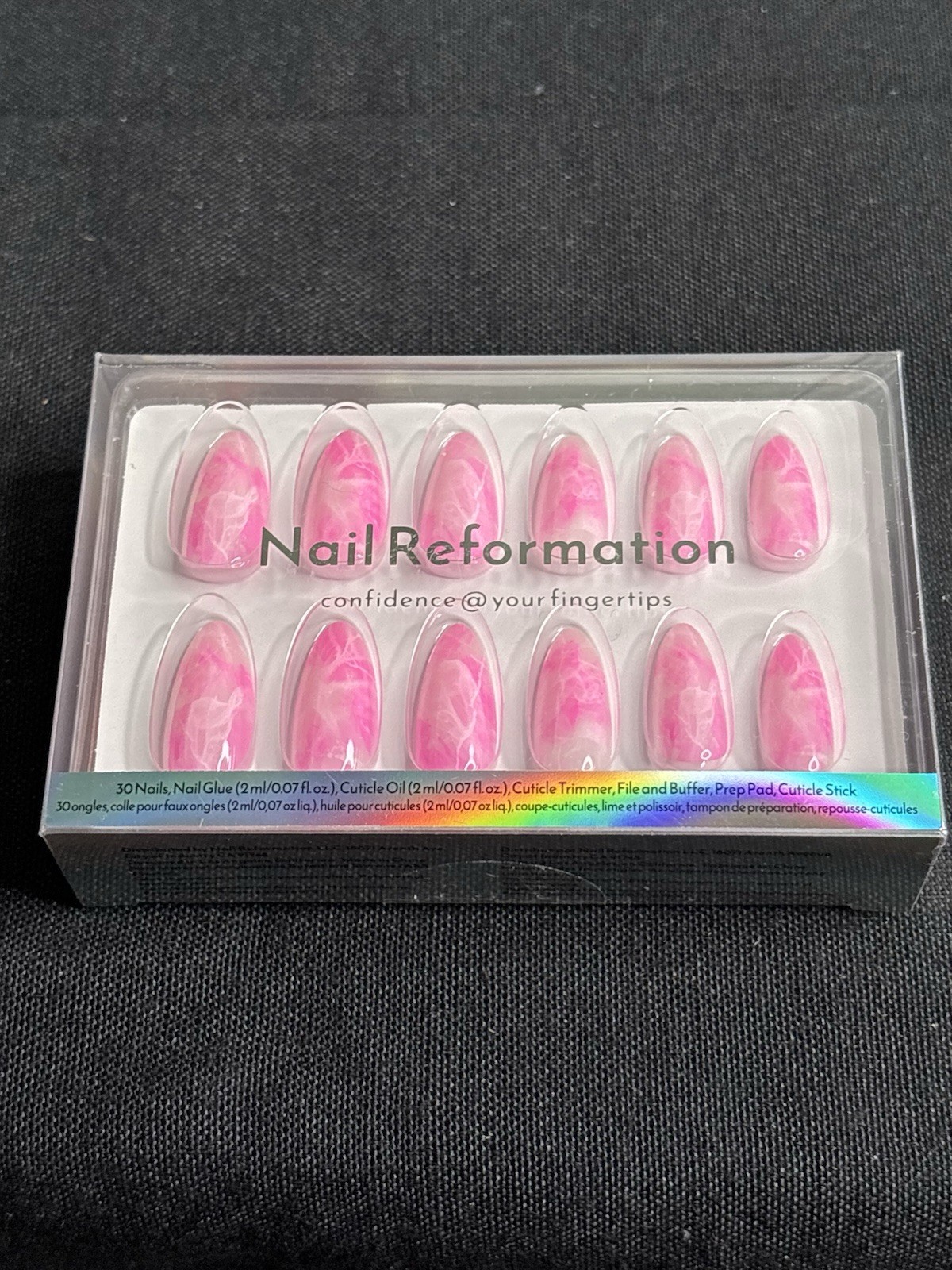 Nail Reformation Pink Marble Shiny Coffin Long Press-On Nails Set Glue A240