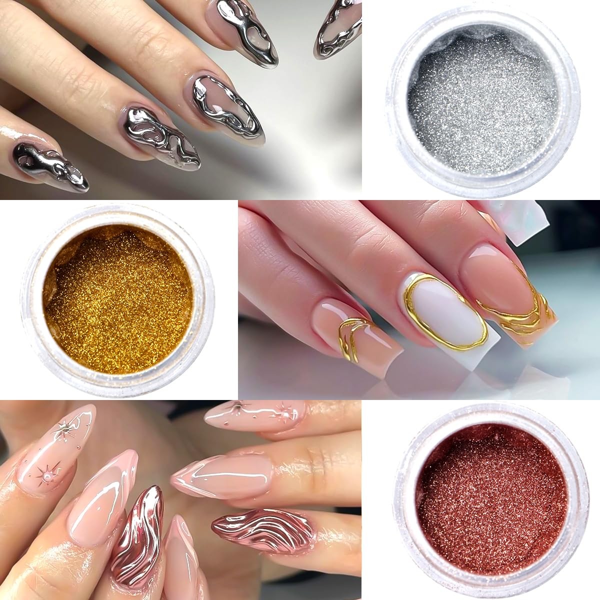 Chrome Nail Powder Metallic Gold And Sier, Magic Mirror Effect Pient