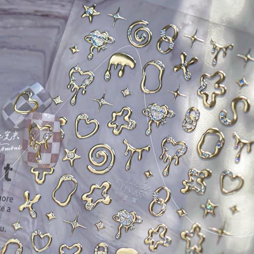 3D Nail Stickers for Nail Art, Embossed Self-Adhesive Cute Nail Irregular Gold