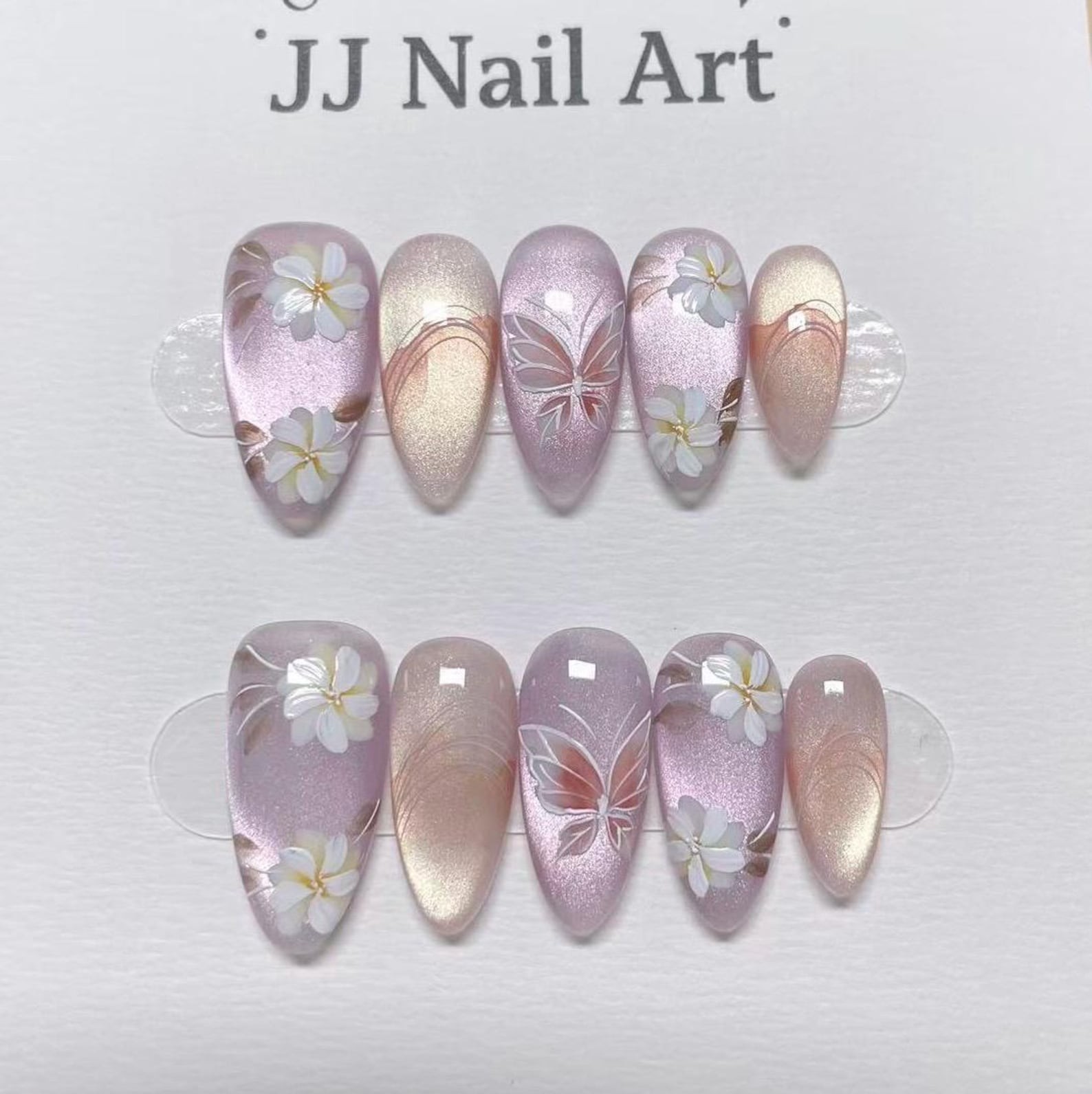 Handmade Pink Cat Eye White Flower Butterfly Medium Almond Press on Nails Set