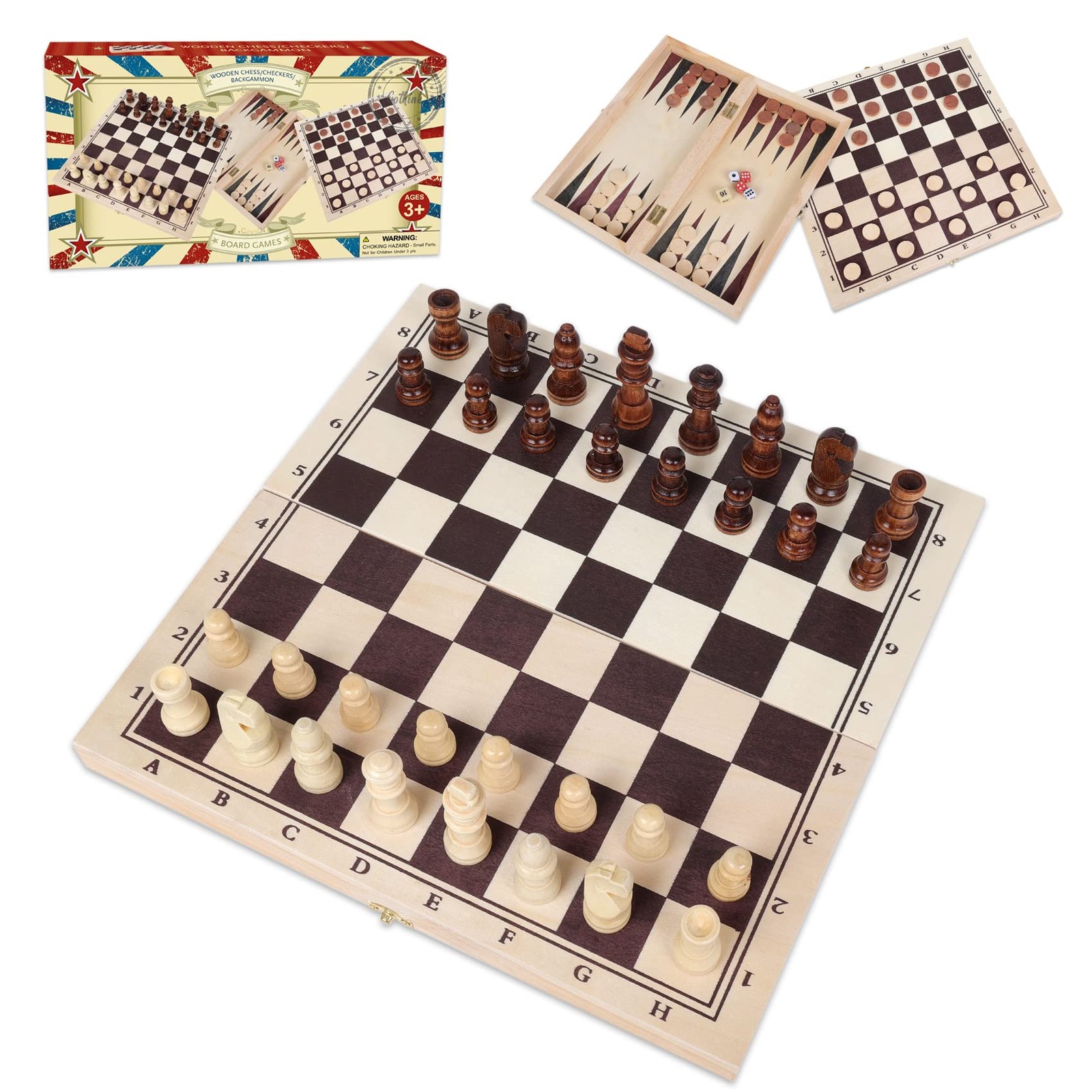GOTHINK Wooden 28.956 centimeters, 3 in 1 – Chess, Checkers & Backgammon – 11